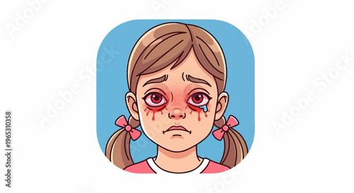 Cartoon of a distressed young girl with red, weeping eyes and tear tracks