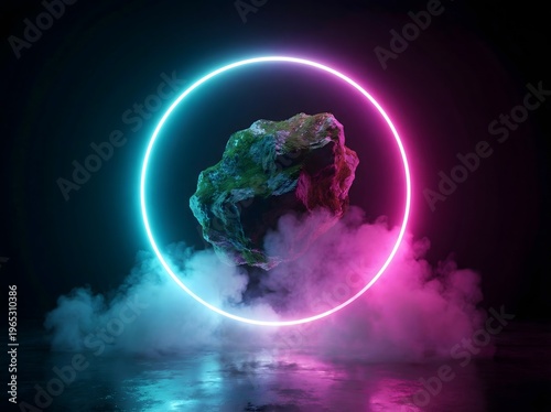 Neon Circle Ring Floating Rock Mountain Inside Portal