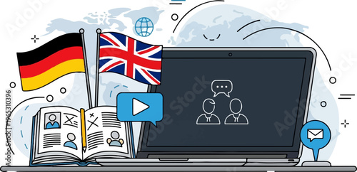 Computer laptop with flags and open book, symbolizing language learning