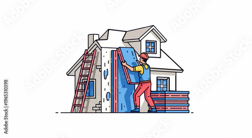 Construction worker installs insulation on side of house, ladder nearby, materials stacked