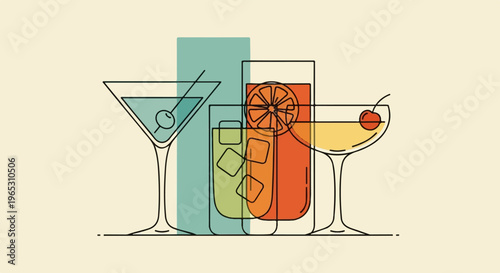 Assortment of stylized alcoholic drinks with garnishes and ice cubes