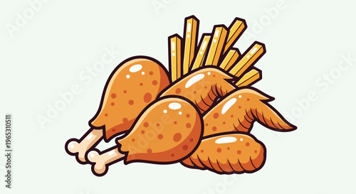 Crispy fried chicken drumsticks and wings with golden fries