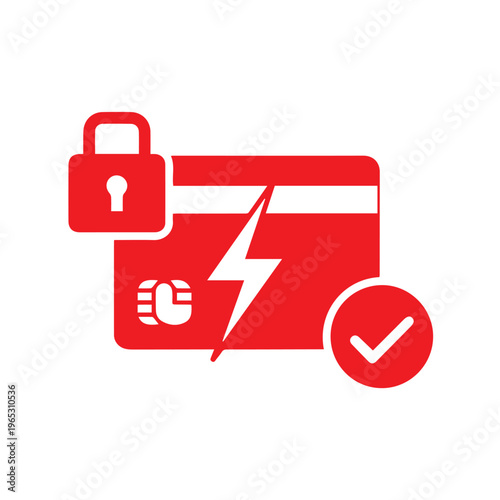 Red stylized credit card icon features a padlock, lightning bolt, and a checkmark indicating secure payment.