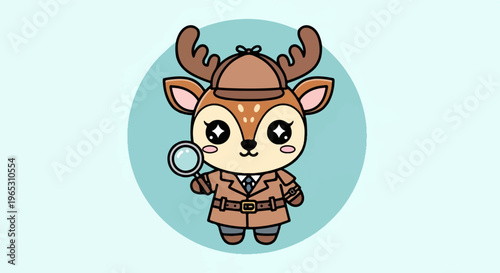 Cute cartoon deer dressed as a detective, holding a magnifying glass
