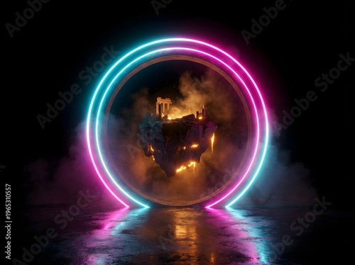 Neon Circle Portal Framing Floating Rocky Island Fantasy