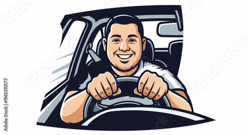 Cartoon man with short hair driving a car, smiling