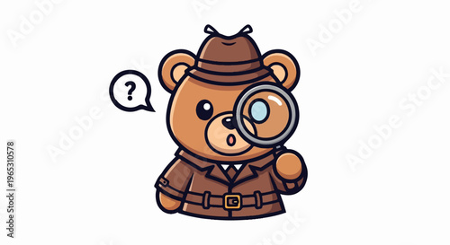 Cartoon detective bear with magnifying glass and question mark bubble