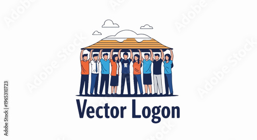 Diverse team holds up a roof, symbolizing support and teamwork