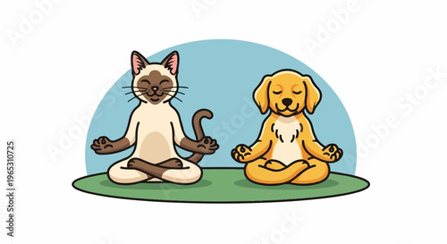 Cartoon Siamese cat and golden retriever puppy meditating serenely on green grass