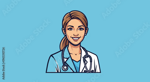 Cartoon doctor, woman in scrub suit with stethoscope, professional portrait