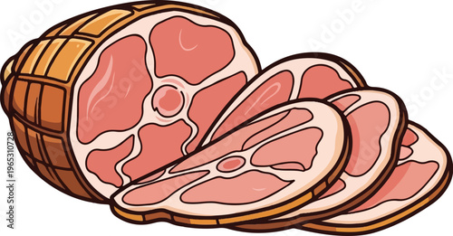 Cartoon illustration of a whole ham and sliced ham