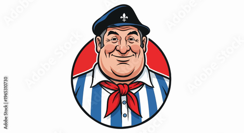 Cheerful cartoon man with striped shirt and neckerchief