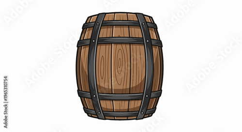 Classic wooden barrel with dark metal bands and visible grain texture