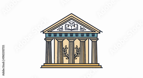 Classic building with columns, pediment, open book, graduation cap, and doves