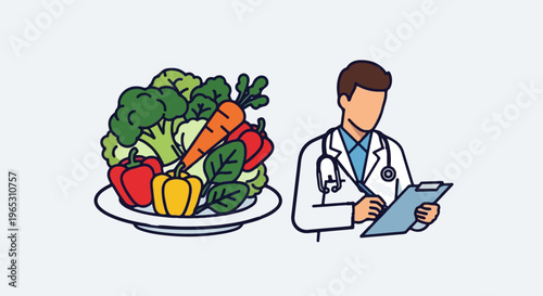 Doctor with stethoscope and clipboard examines fresh vegetables on a plate