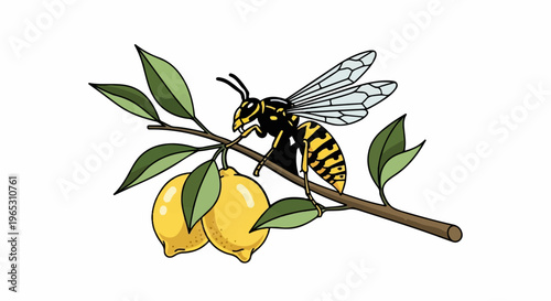 Cartoon wasp with yellow and black stripes on a branch with lemons