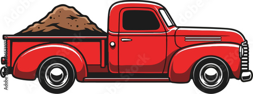 Classic red pickup truck filled with soil on white background