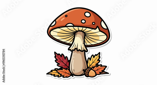 Cartoon mushroom with autumn leaves and an acorn