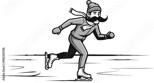 Cartoon man with mustache ice skating in winter clothing and scarf