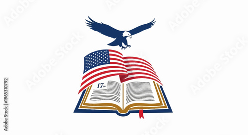 Eagle soars above open book with American flag draped over pages
