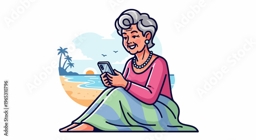 Elderly woman on beach using mobile phone at sunset