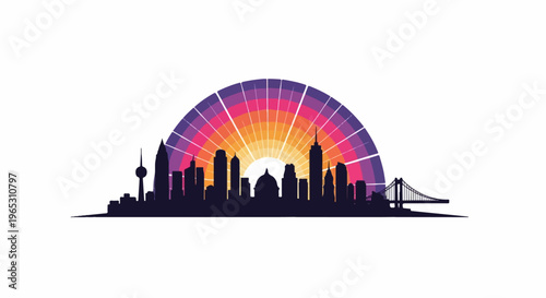 City skyline silhouette with a vibrant, radiating sunset behind it