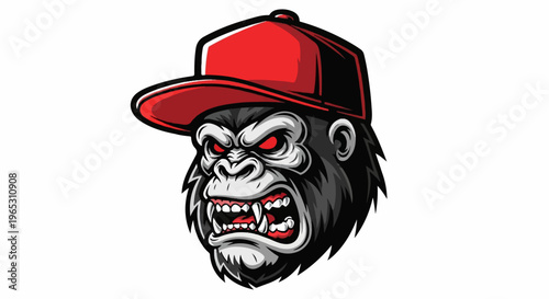 Furious gorilla head with red baseball cap, sharp teeth, red eyes