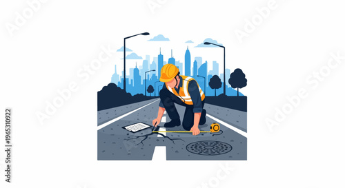 Construction worker inspects road damage with tape measure, city skyline backdrop