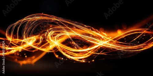 Abstract glowing orange light trails swirling on a dark background with bokeh effects