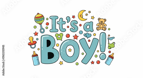 Cheerful text announces a new baby boy with playful icons