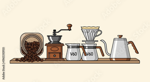 Coffee brewing setup with grinder, servers, filter, and kettle