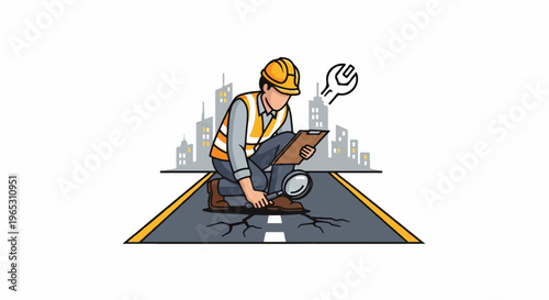 Construction worker inspects cracked road with magnifying glass, city skyline backdrop