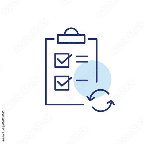 Checklist with ticks and renew arrows. Task update, workflow refresh. Pixel perfect, editable stroke vector icon