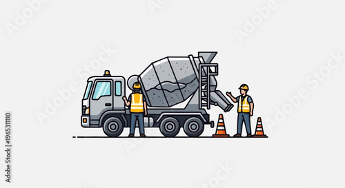 Construction workers with cement mixer truck and safety cones