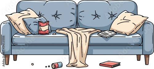 Cozy, slightly messy light blue sofa with pillows, a blanket, and snacks