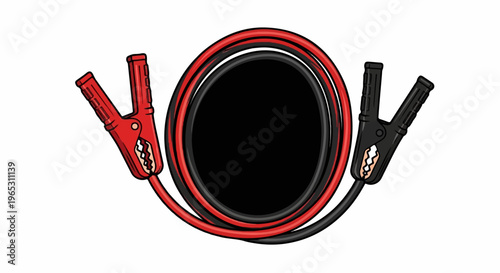 Illustration of coiled red and black jumper cables with alligator clips