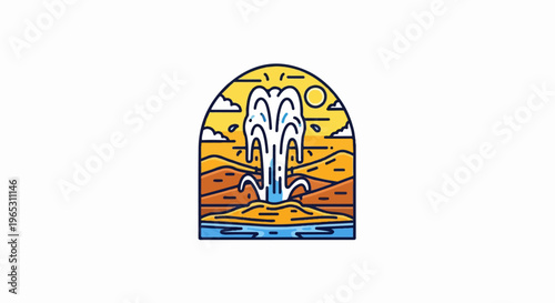 Stylized geyser erupting water against a sunset sky