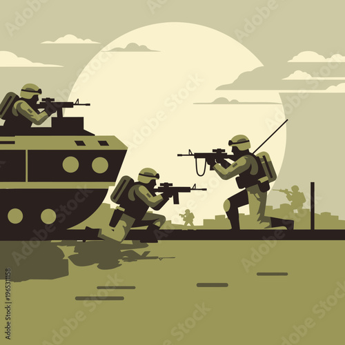 Military soldiers in combat, advancing with tank and weapons, against a large sun backdrop.