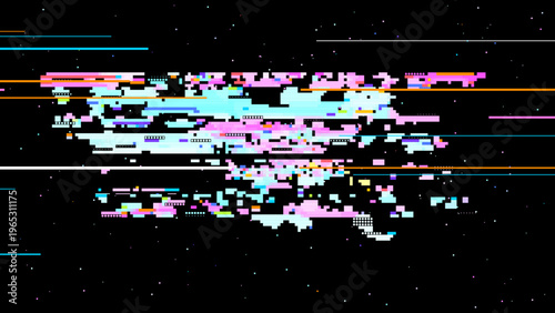 Pixelated glitch vector with red pink tones, digitalism concept in pixel art aesthetics for tech and gaming use. Dark background with subtle noise enhances contrast. Ideal for tech branding, UI, an...