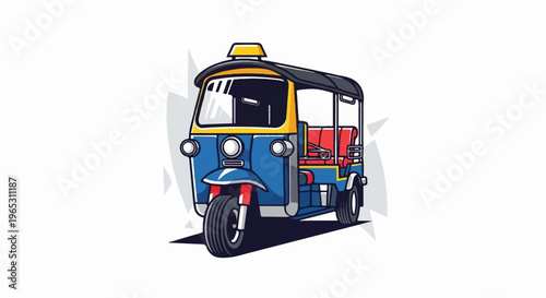 Colorful three-wheeled motorized taxi with a yellow roof and red seats