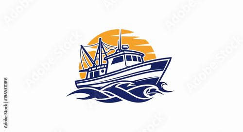 Stylized fishing boat at sea with a sunburst background