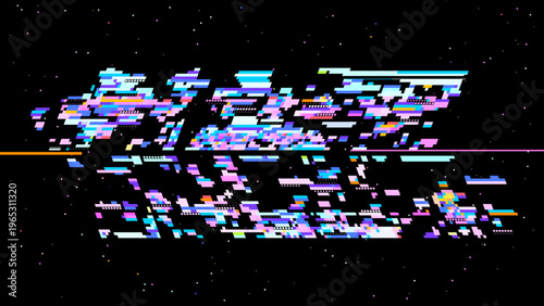 Futuristic glitch vector showing digital transformation, pixel art mood and red pink highlights for modern tech design. Dark background with subtle noise enhances contrast. Ideal for tech branding,...