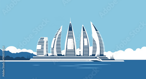Modern sail-shaped skyscrapers rise from the sea under a blue sky