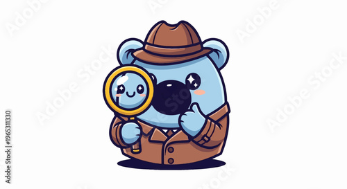 Cute cartoon bear in trench coat and hat, holding a magnifying glass