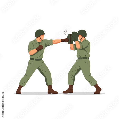 Military Training: Soldiers Sparring with Punching Mitts, Combat Practice