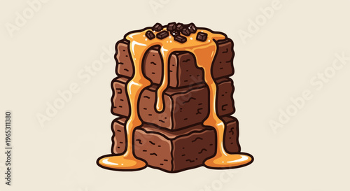 Stacked chocolate squares drizzled with golden caramel and toppings