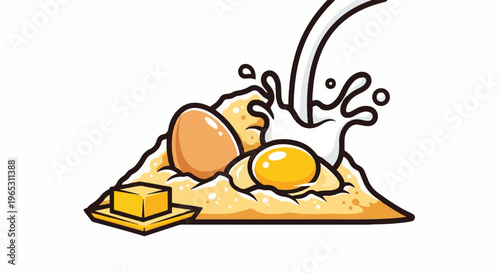 Cracked egg, whole egg, butter block, and splashing milk create a breakfast composition