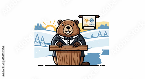 Dapper groundhog in a suit stands at a podium, announcing early winter spring