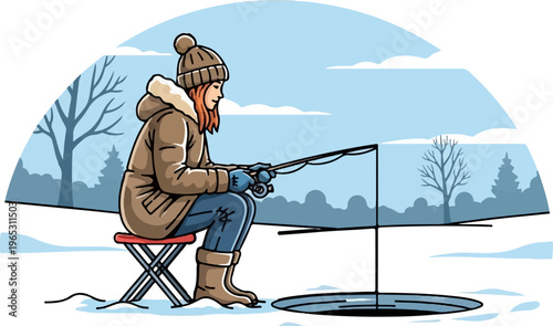Person ice fishing in a winter landscape on a clear day