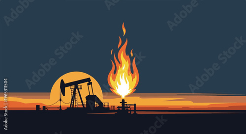 Silhouette of oil pumpjack and flaring gas against a sunset horizon
